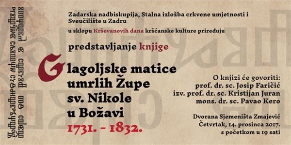 Poziv na predstavljanje knjige „Glagoljske matice umrlih Župe sv. Nikole u Božavi 1731. – 1832.“